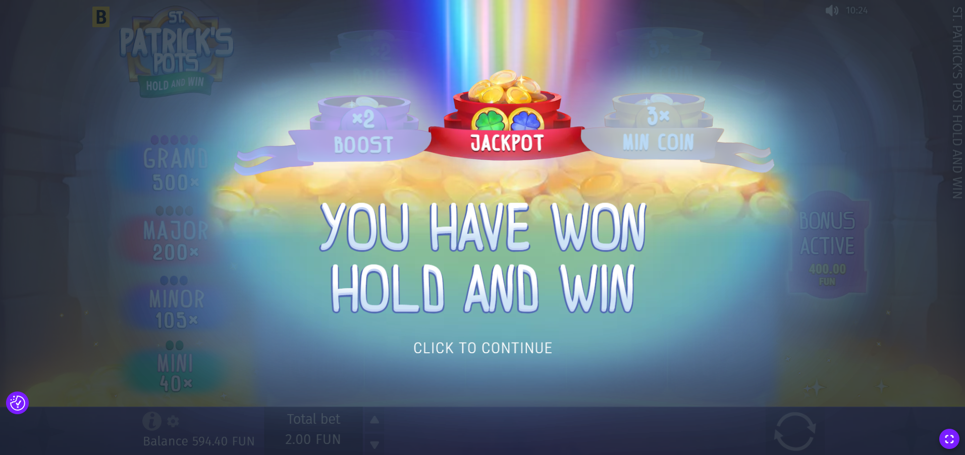 St. Patrick's Pots Hold and Win bonus trigger with Special symbols landing