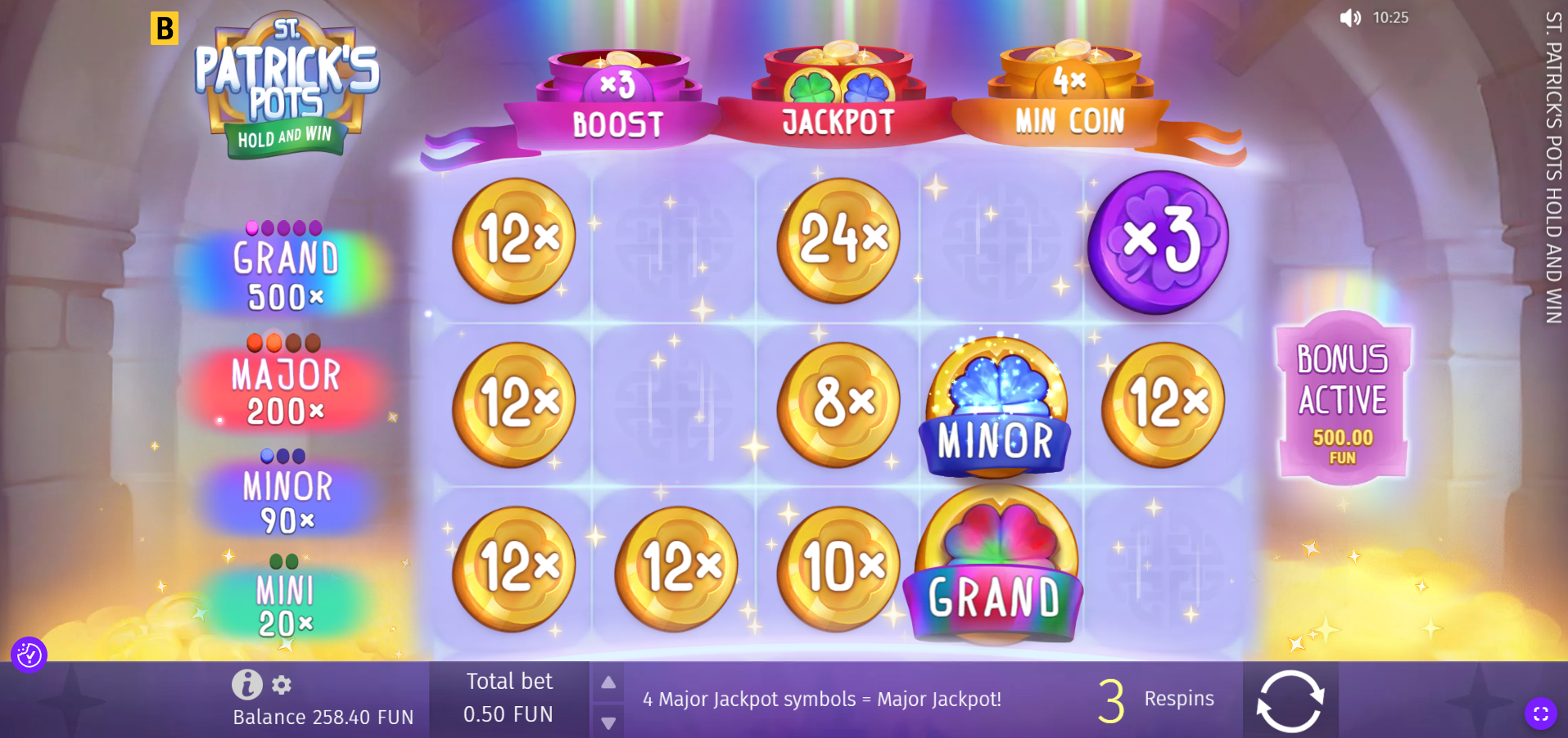 St. Patrick's Pots Hold and Win bonus game with Coin symbols on the reels