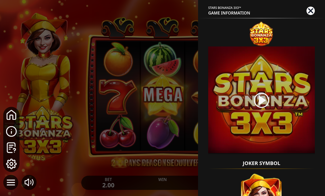 Stars Bonanza 3x3 information screen