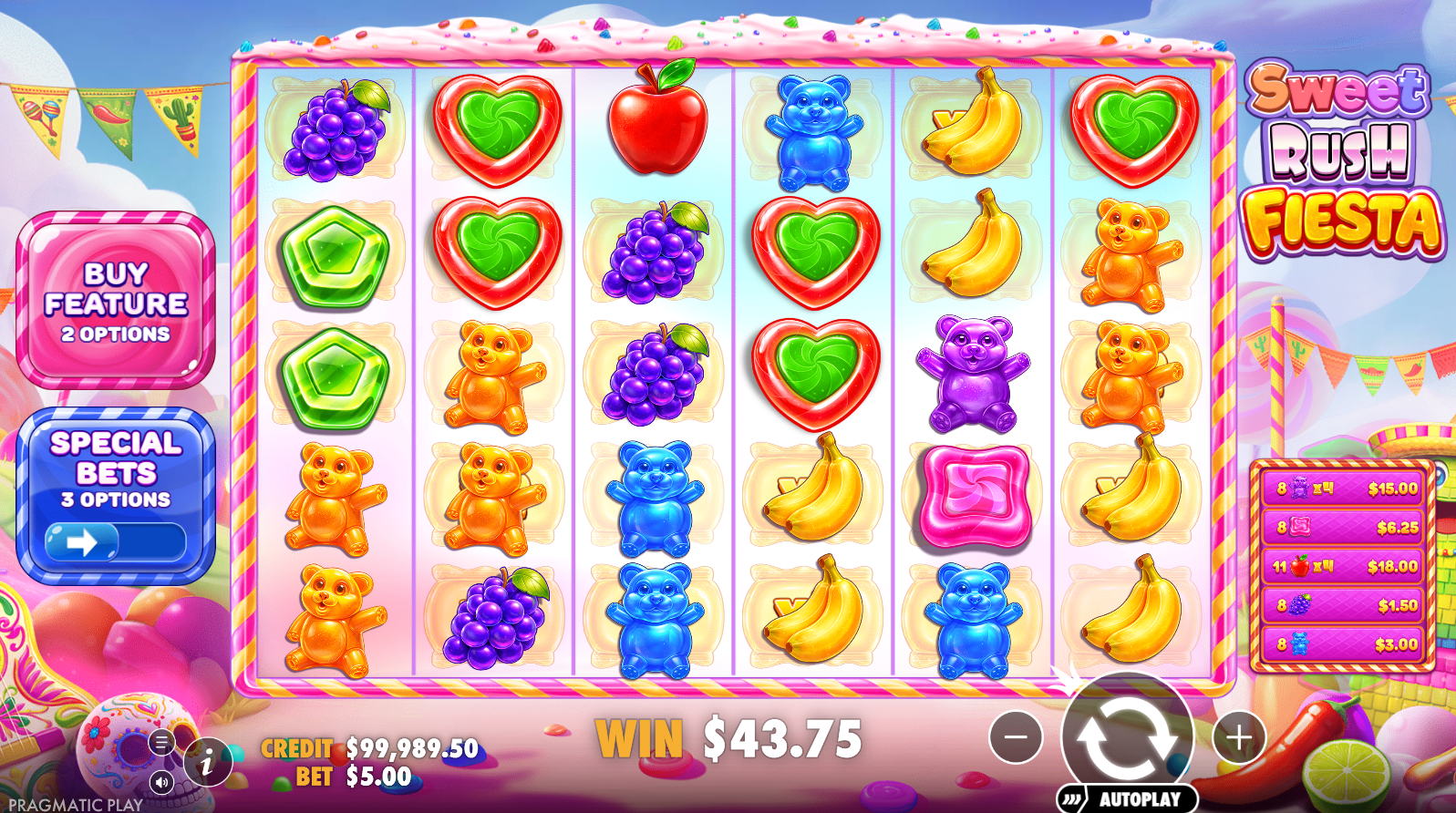 Sweet Rush Fiesta base game grid showing candy and fruit symbols on a 6-reel layout