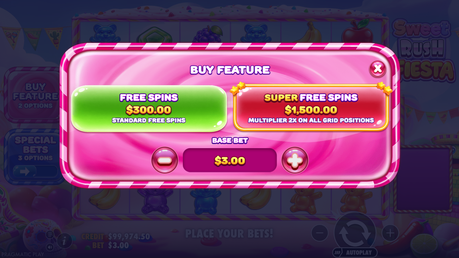 Sweet Rush Fiesta bonus buy menu showing Free Spins at 100x and Super Free Spins at 500x