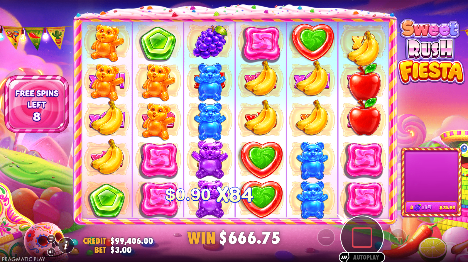 Sweet Rush Fiesta Regular Free Spins round with persistent multiplier spots active