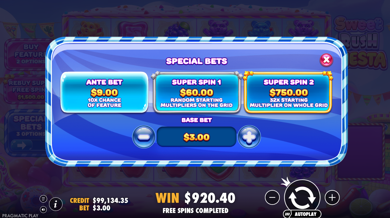 Sweet Rush Fiesta special bets menu showing Ante Bet, Super Spin 1 and Super Spin 2 options