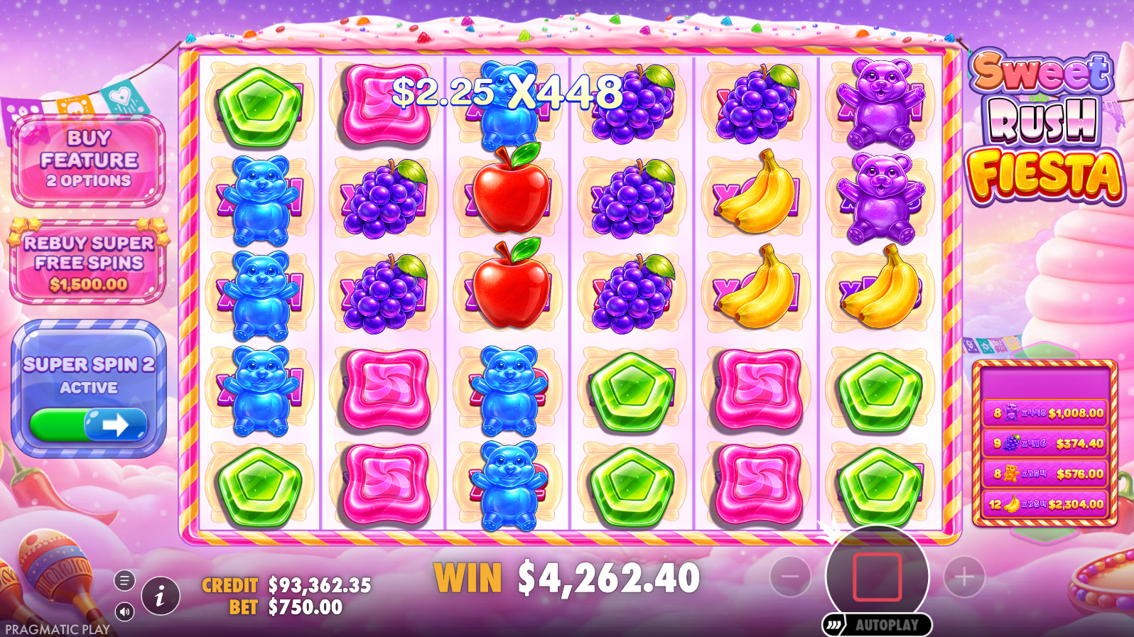 Sweet Rush Fiesta Super Spin 2 mode showing all grid positions pre-populated with multipliers