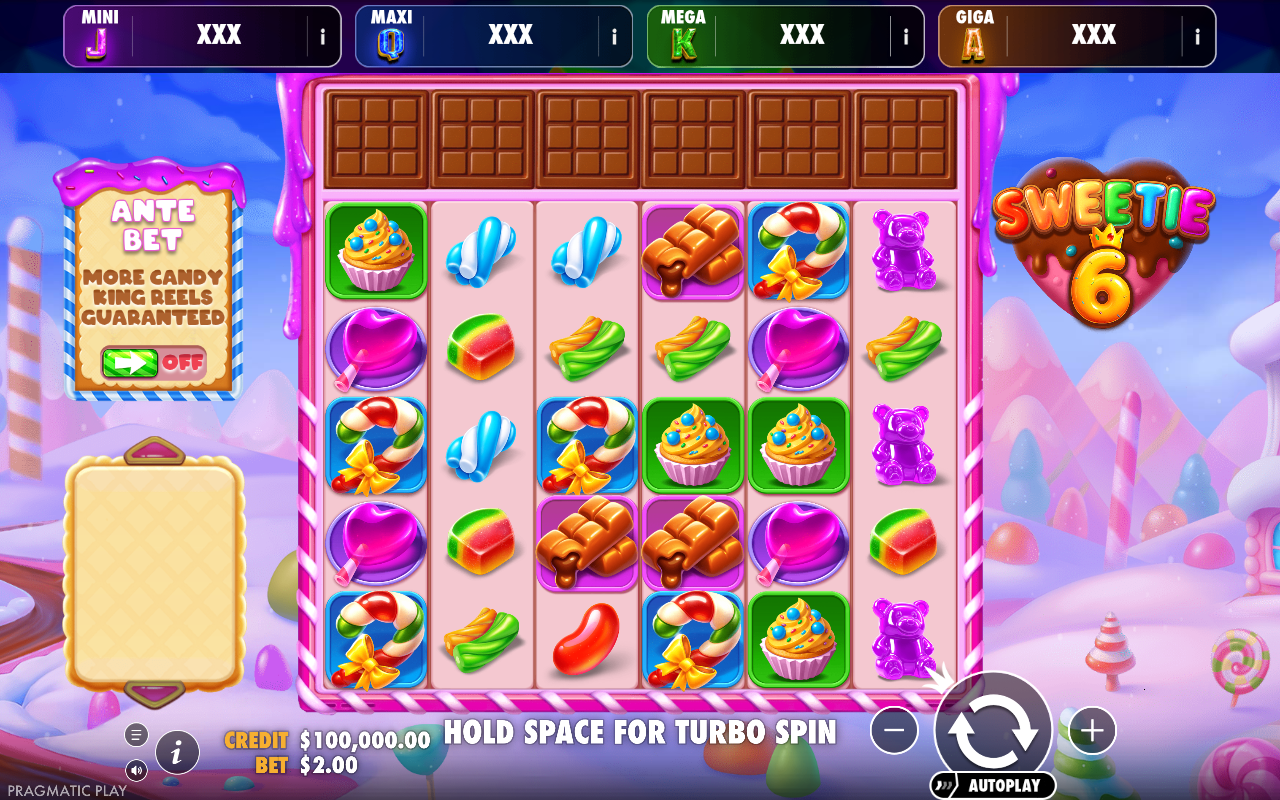 Sweetie 6 - Oranje Jackpot base game showing the 6x5 candy grid, the Ante Bet panel on the left, the four jackpot tiles across the top and a marked Candy King Reel