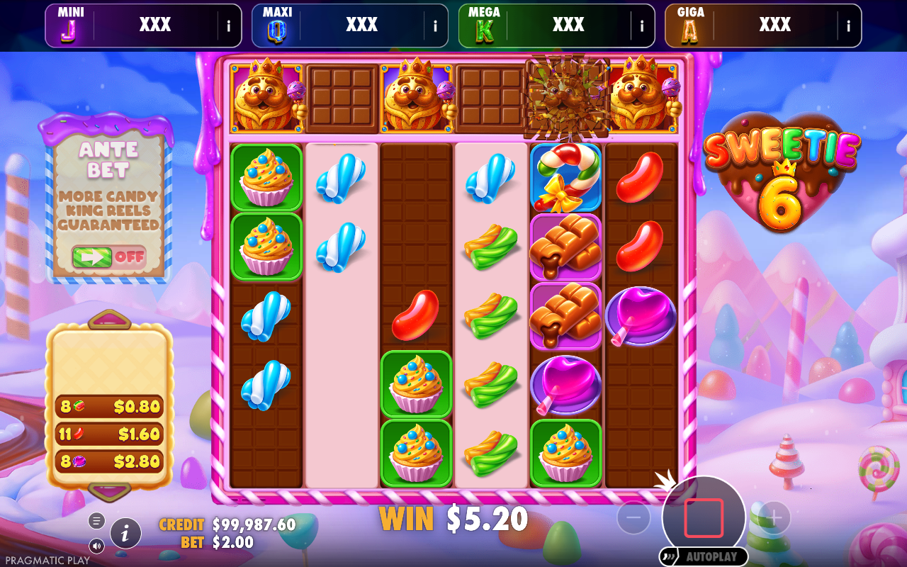 Sweetie 6 - Oranje Jackpot mid-spin with chocolate bar markers above the reels and the crowned King wild sitting over the first reel