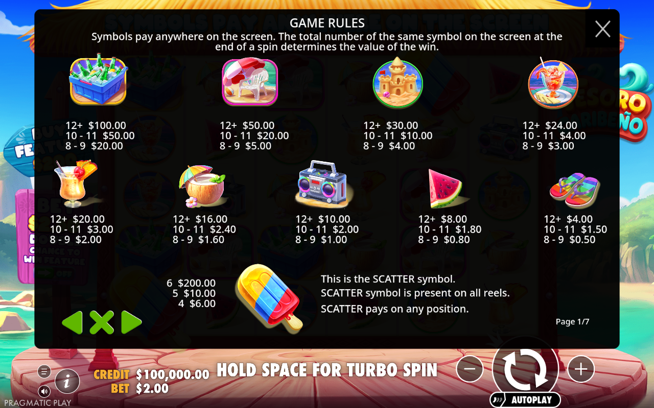 Tesoro Caribeno information screen