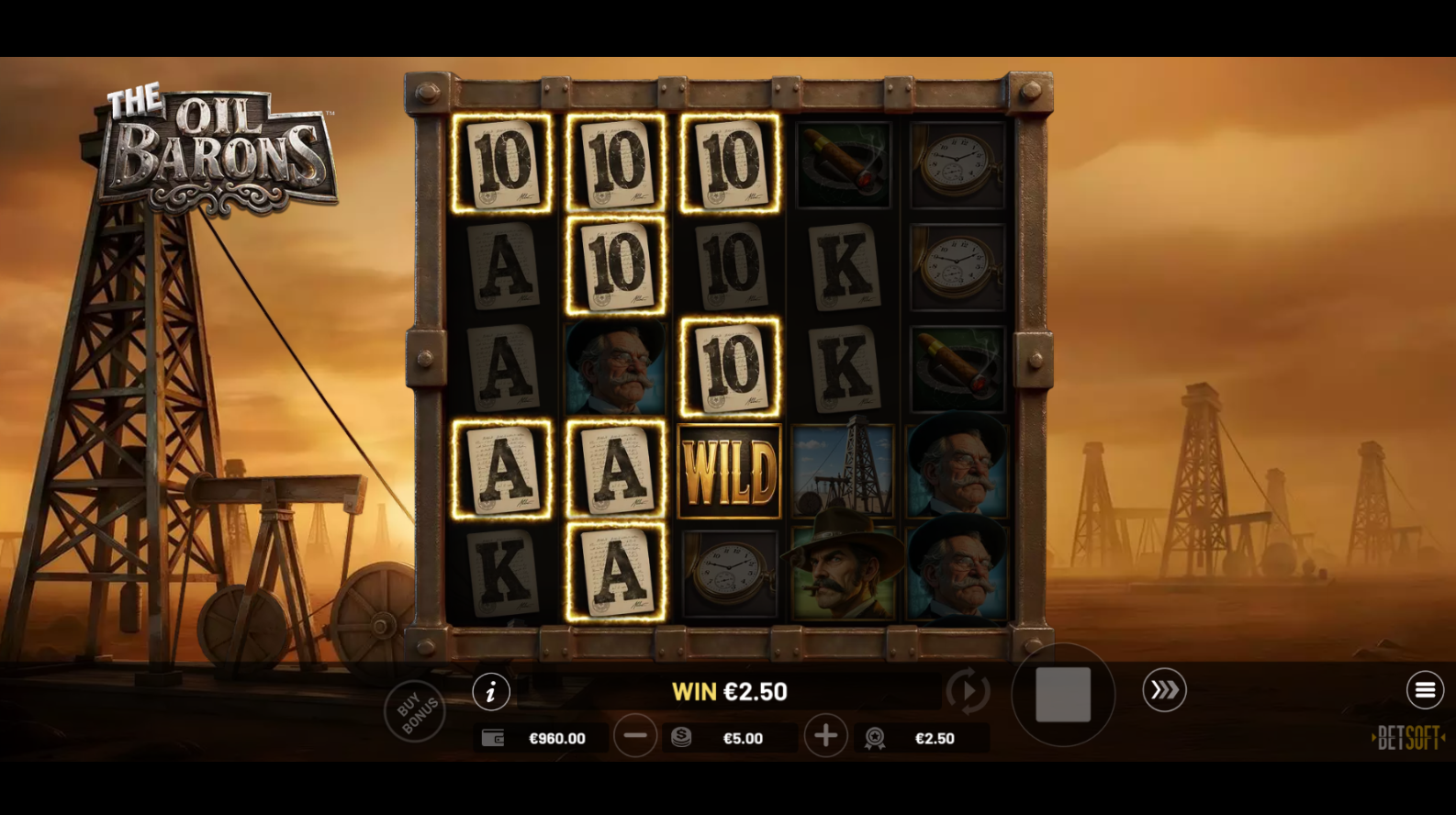 The Oil Barons base game - 5x5 reel grid showing 15 paylines