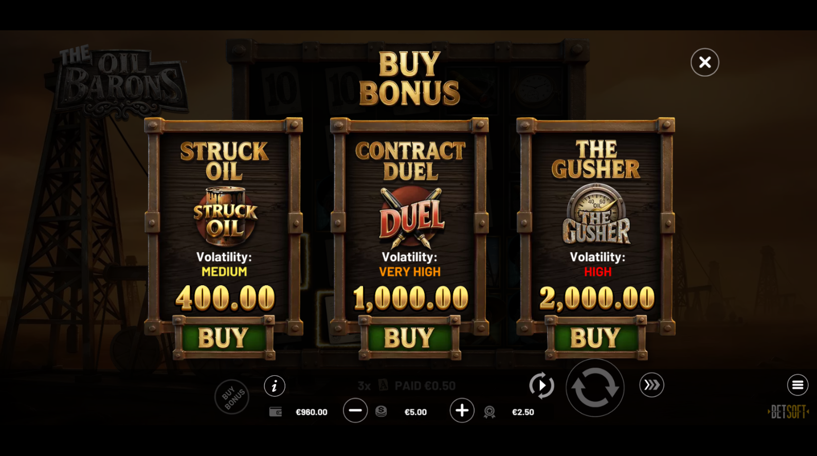 The Oil Barons - bonus buy options showing Struck Oil, Contract Duel and The Gusher purchase prices