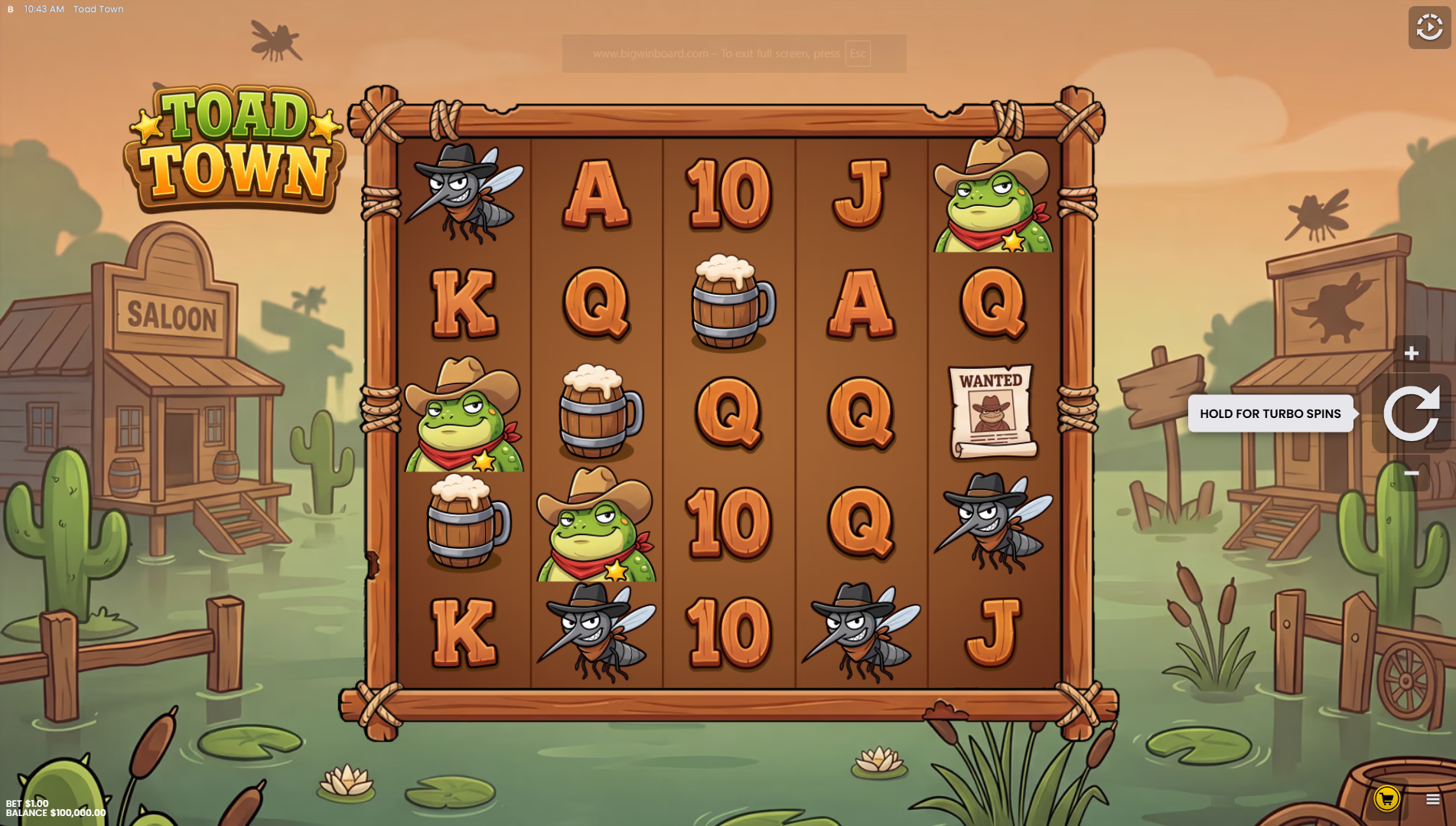 Toad Town slot base game in play showing the 5x5 grid