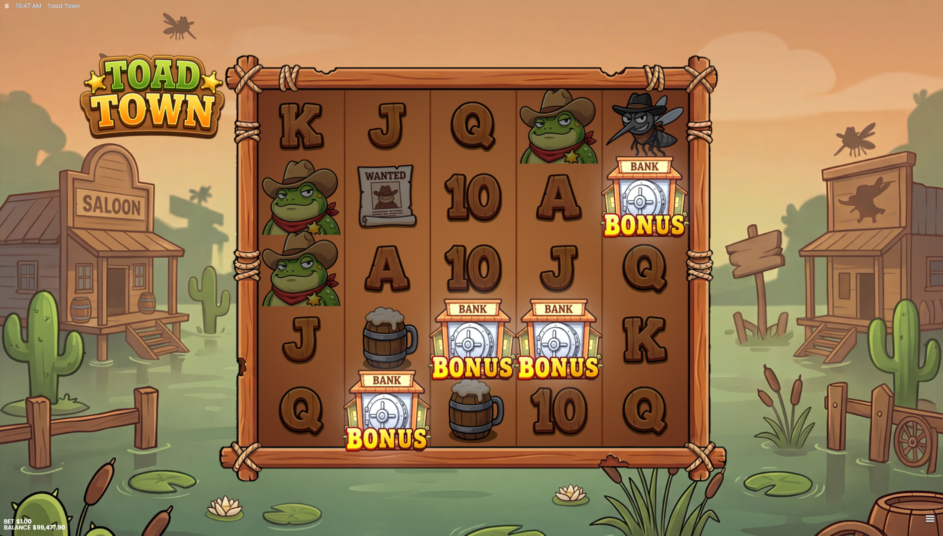 Toad Town slot Free Spins trigger showing Bonus symbols landing