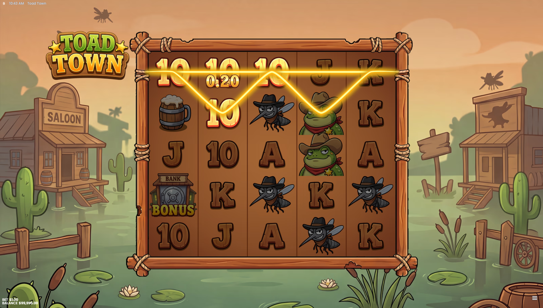 Toad Town slot showing the 15 fixed paylines diagram