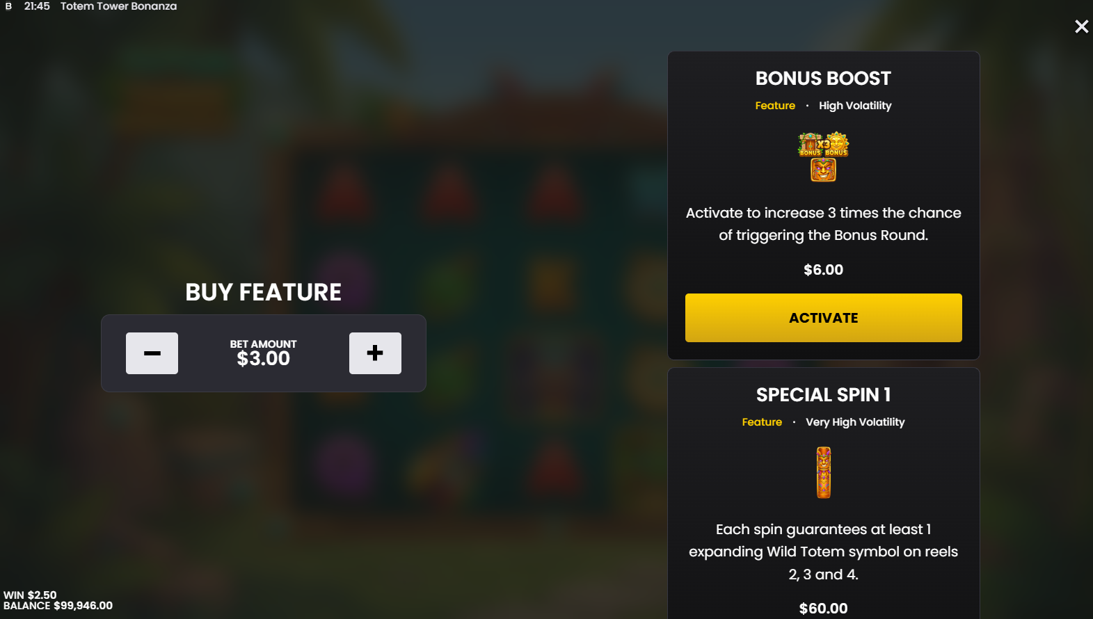 Totem Tower Bonanza bonus buy options for Bonus Boost and Special Spin 1
