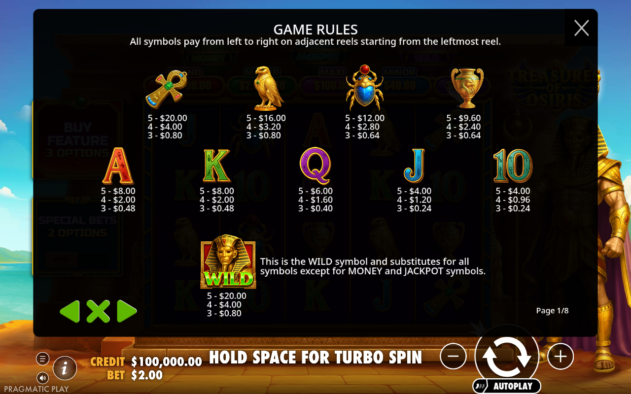 Treasures of Osiris information screen