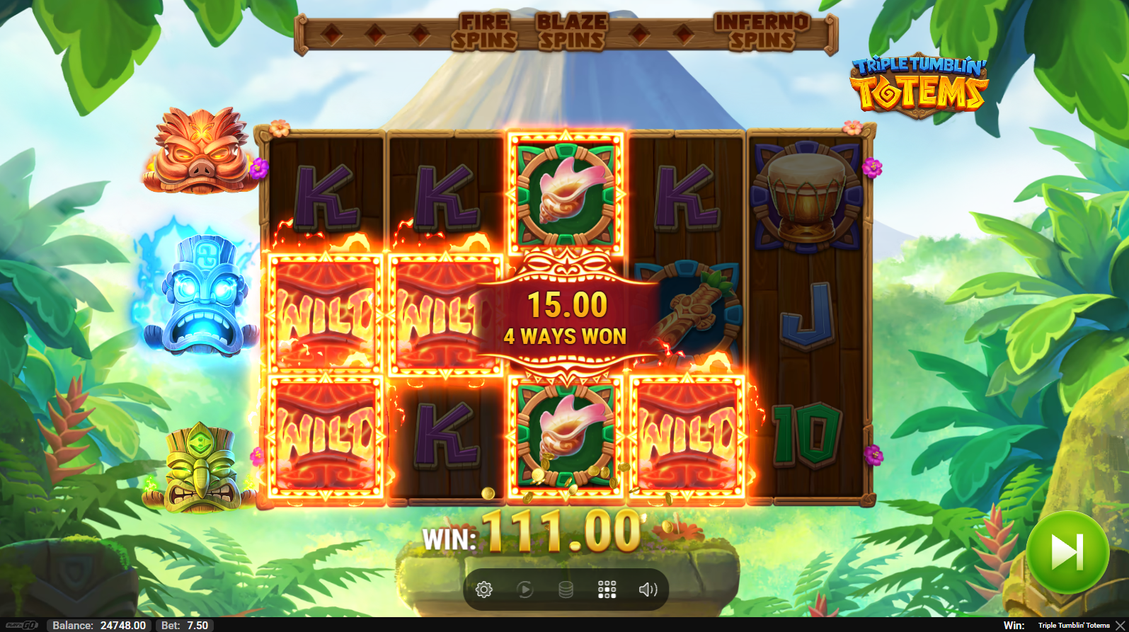 Triple Tumblin' Totems base game showing 5x3 grid with tribal symbols