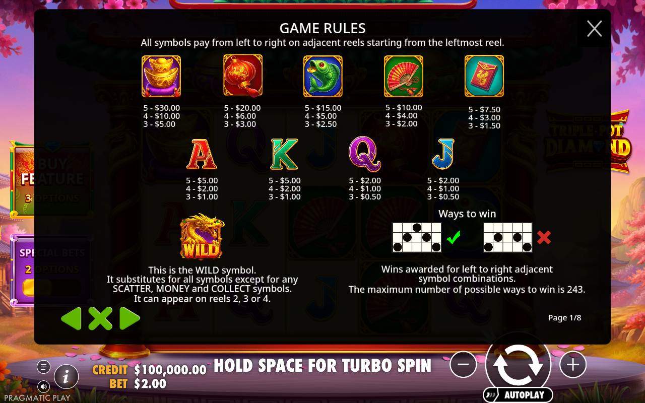 Triple Pot Diamond information screen
