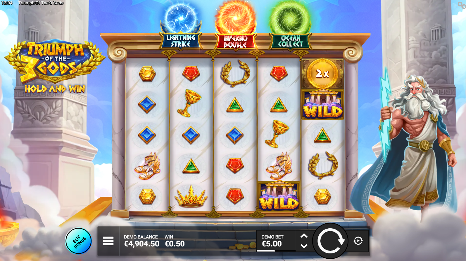 Triumph of the 3 Gods base game showing 5x5 reel grid with God symbols