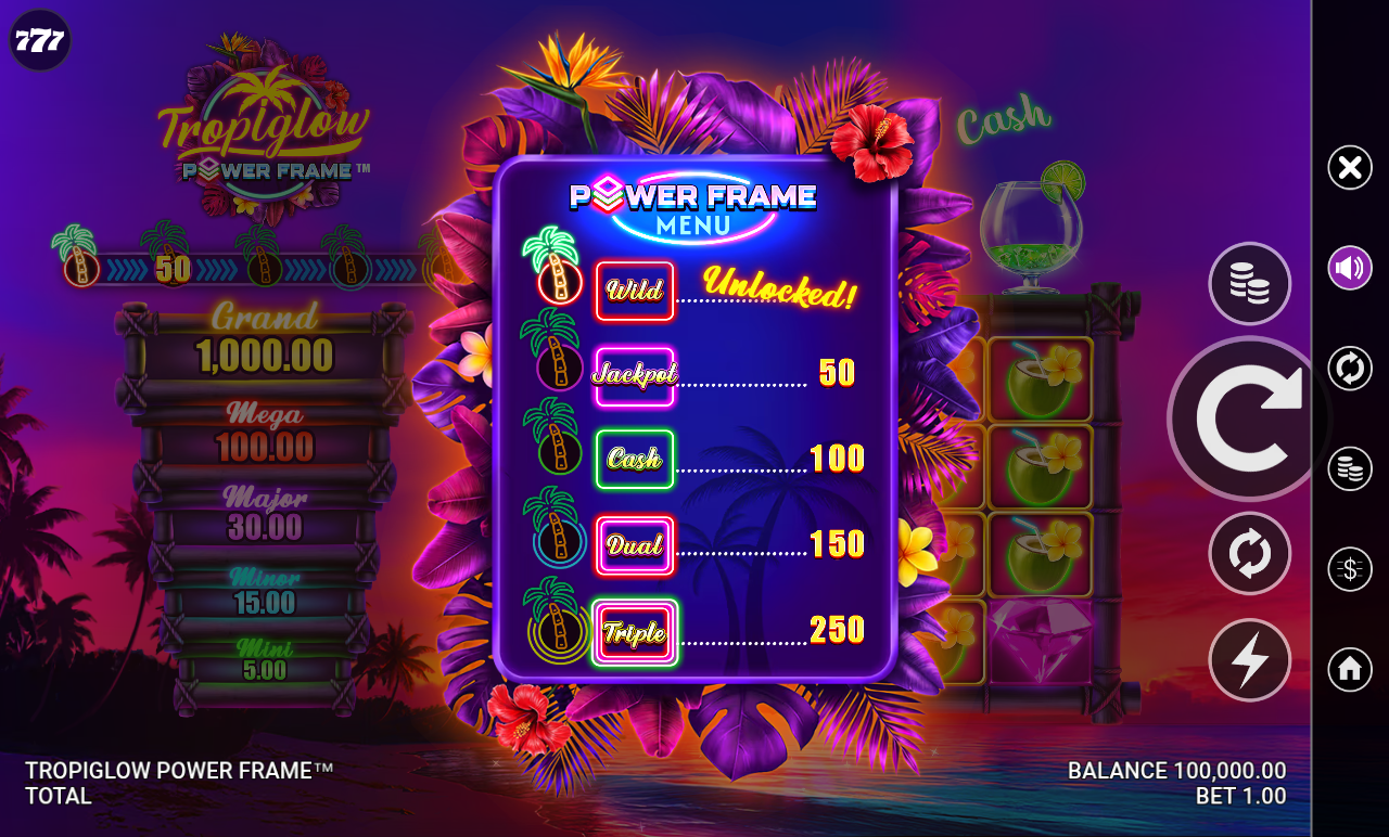 Tropiglow Power Frame information screen