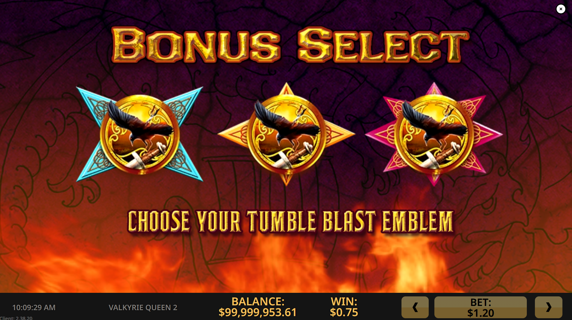 Valkyrie Queen 2 Tumble Blast Select - choosing a Tumble Blasts symbol during the Bonus Select