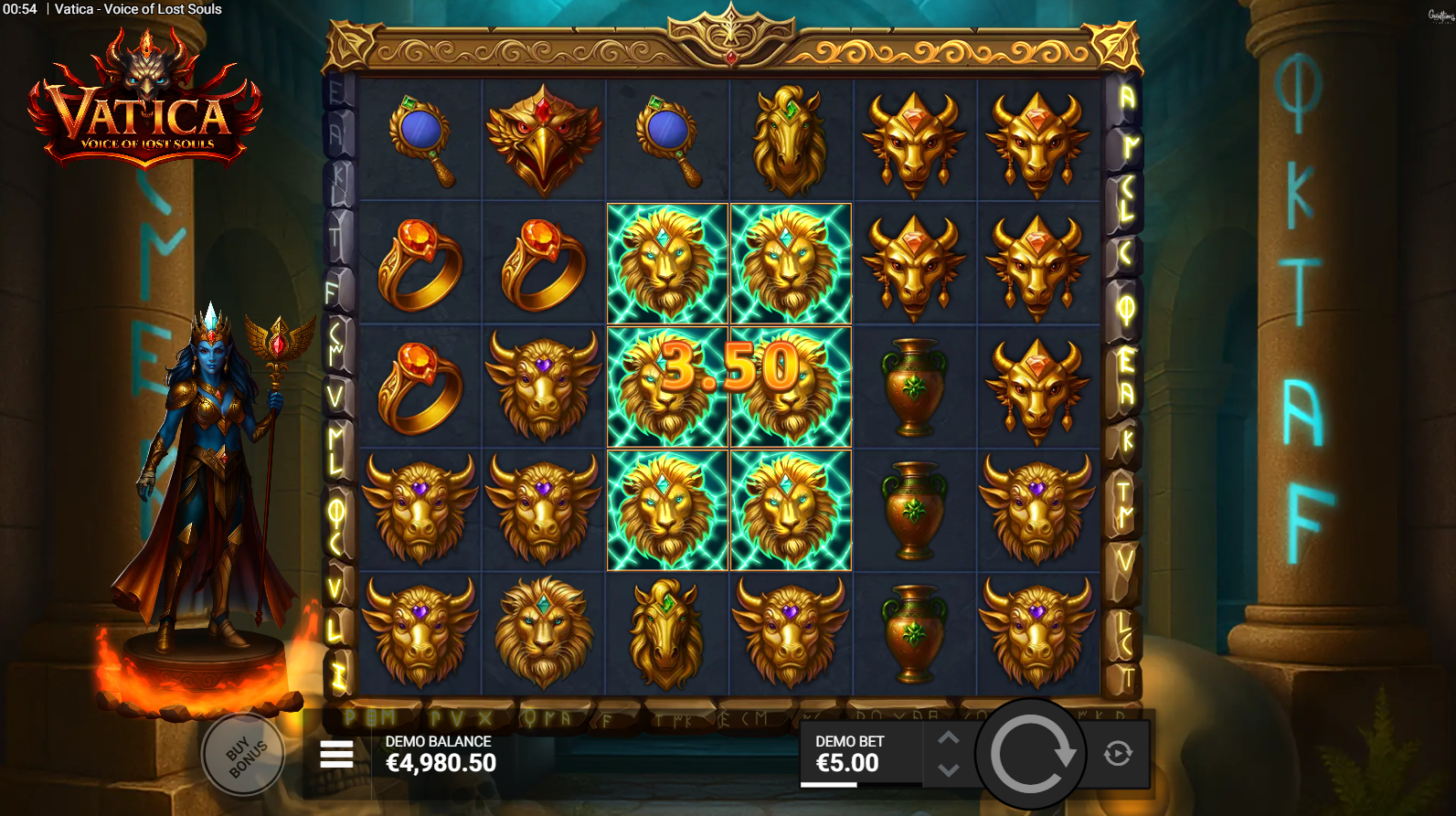 Vatica Voice of Lost Souls base game showing the 6x5 cluster pays grid