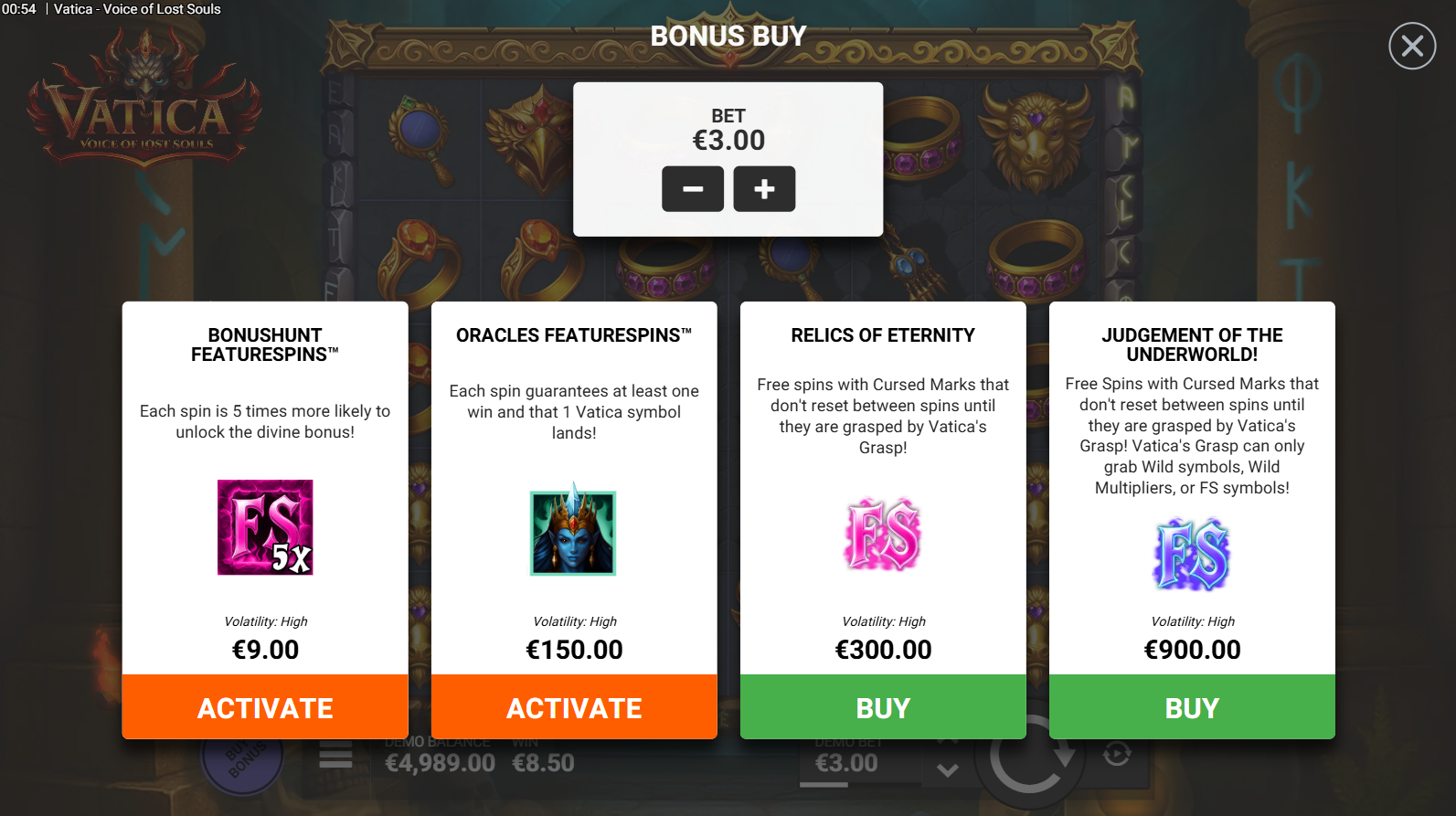 Vatica Voice of Lost Souls Bonus Buy menu showing four purchasable feature options