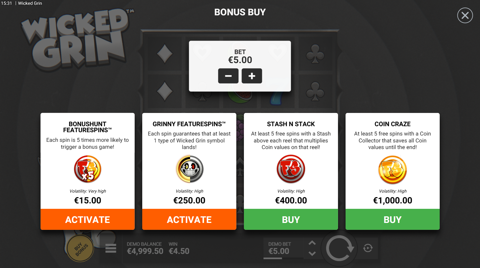 Wicked Grin bonus buy options menu