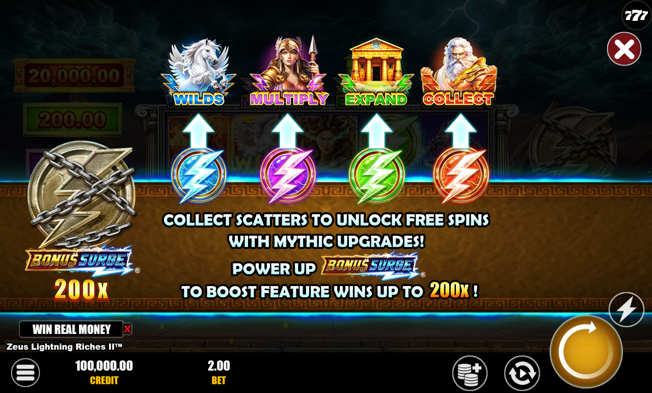 Zeus Lightning Riches II information screen
