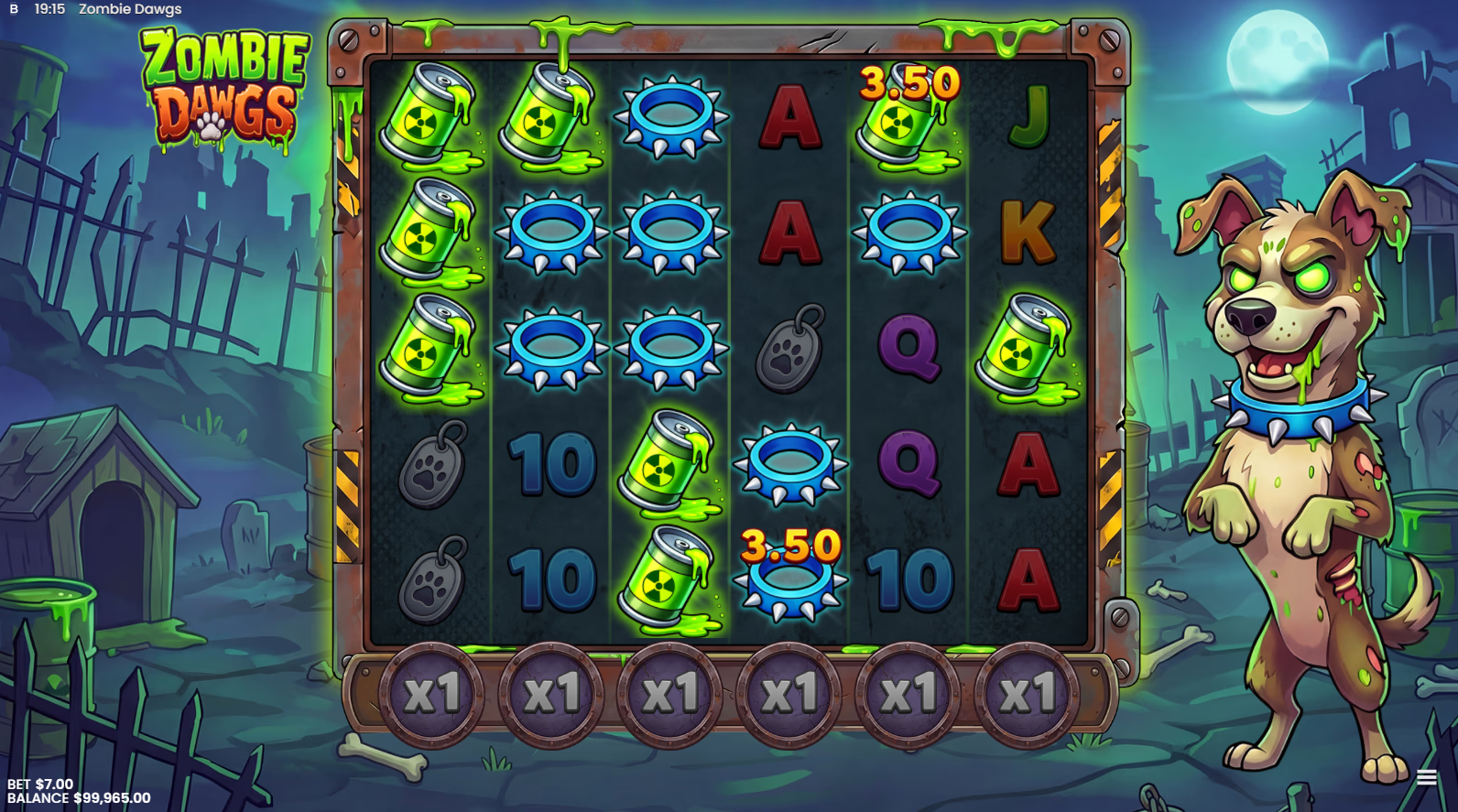 Zombie Dawgs base game showing the 6x5 grid with scatter pays