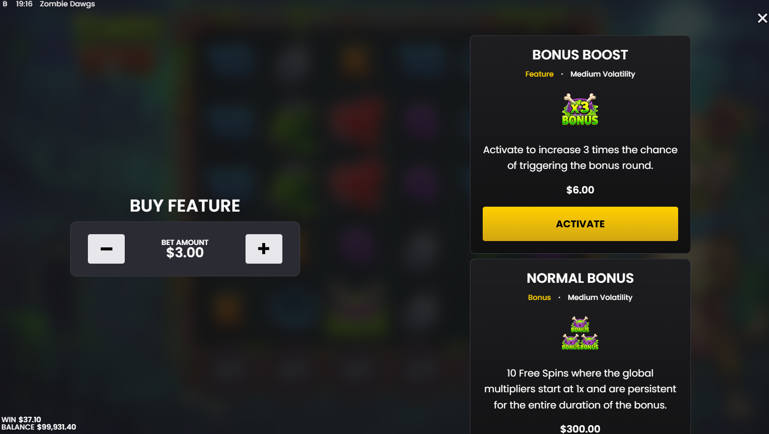 Zombie Dawgs bonus buy options - Bonus Boost mode and Normal Bonus at 100x stake