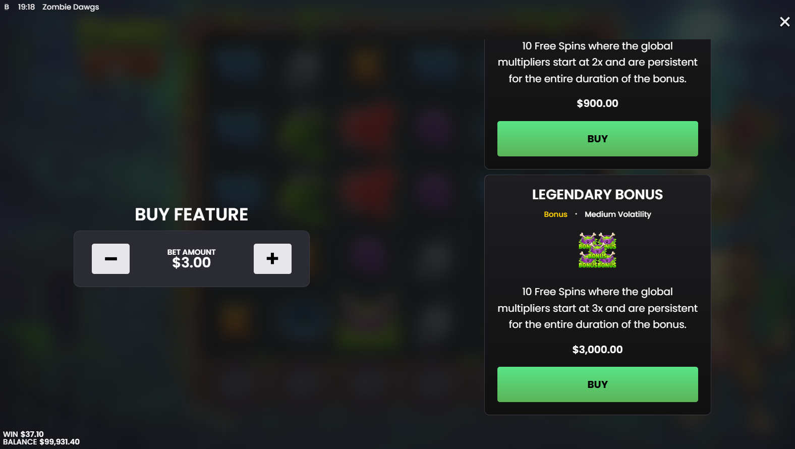 Zombie Dawgs bonus buy options - Legendary Bonus at 1000x stake