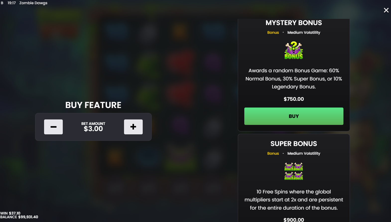 Zombie Dawgs bonus buy options - Mystery Bonus at 250x and Super Bonus at 300x stake