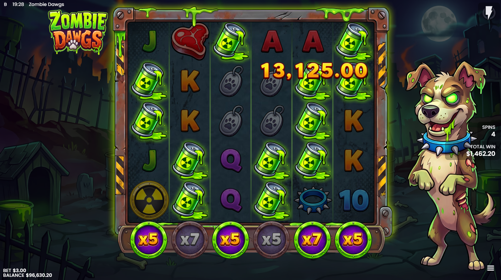 Zombie Dawgs Legendary Bonus free spins with 3x starting Global Reel Multipliers