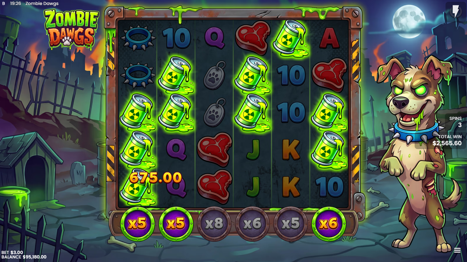 Zombie Dawgs Super Bonus free spins with 2x starting Global Reel Multipliers