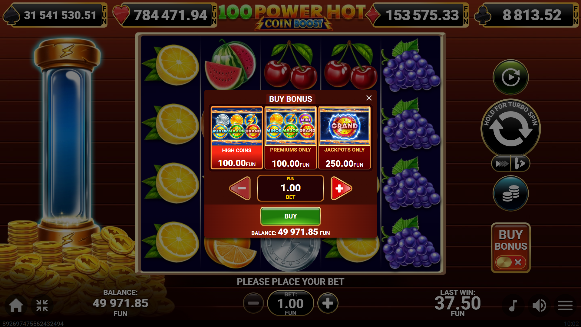 100 Power Hot Coin Boost Bonus Buy Menu