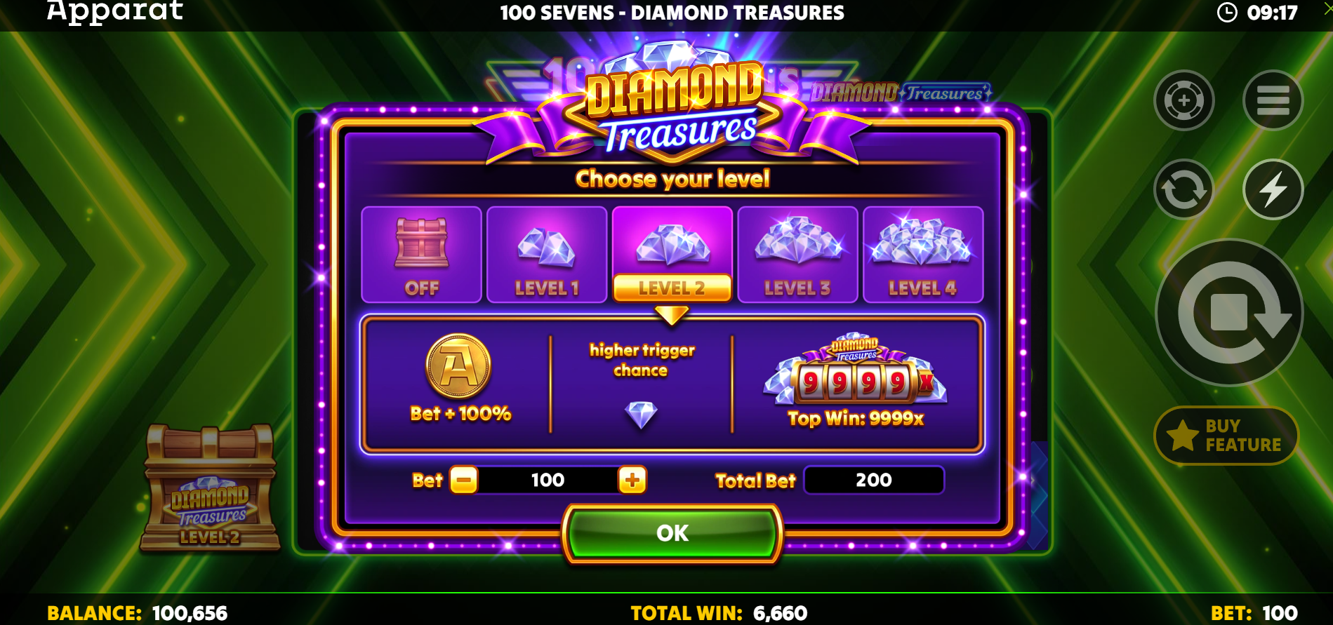 100 Sevens Diamond Treasure Extra Bet menu