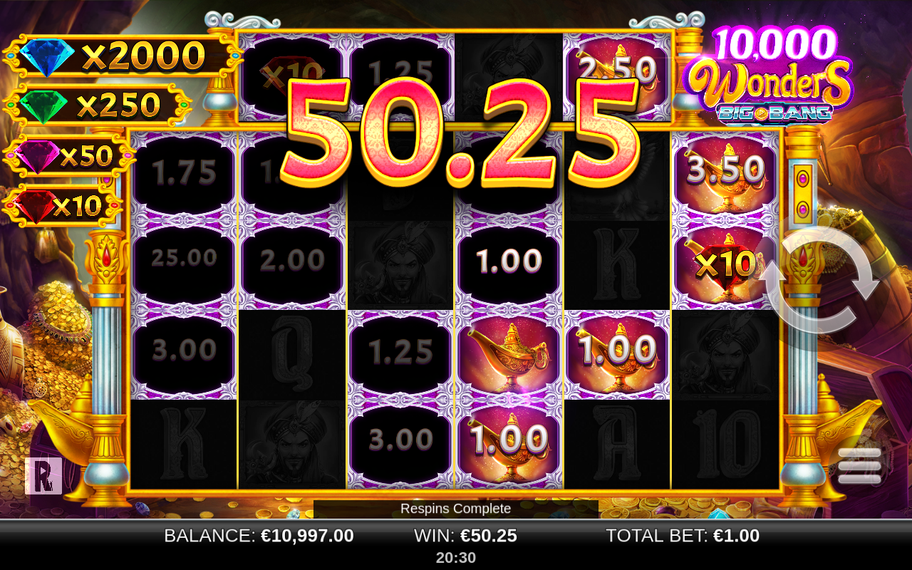 10000 Wonders Big Bang Bonus Respins in progress