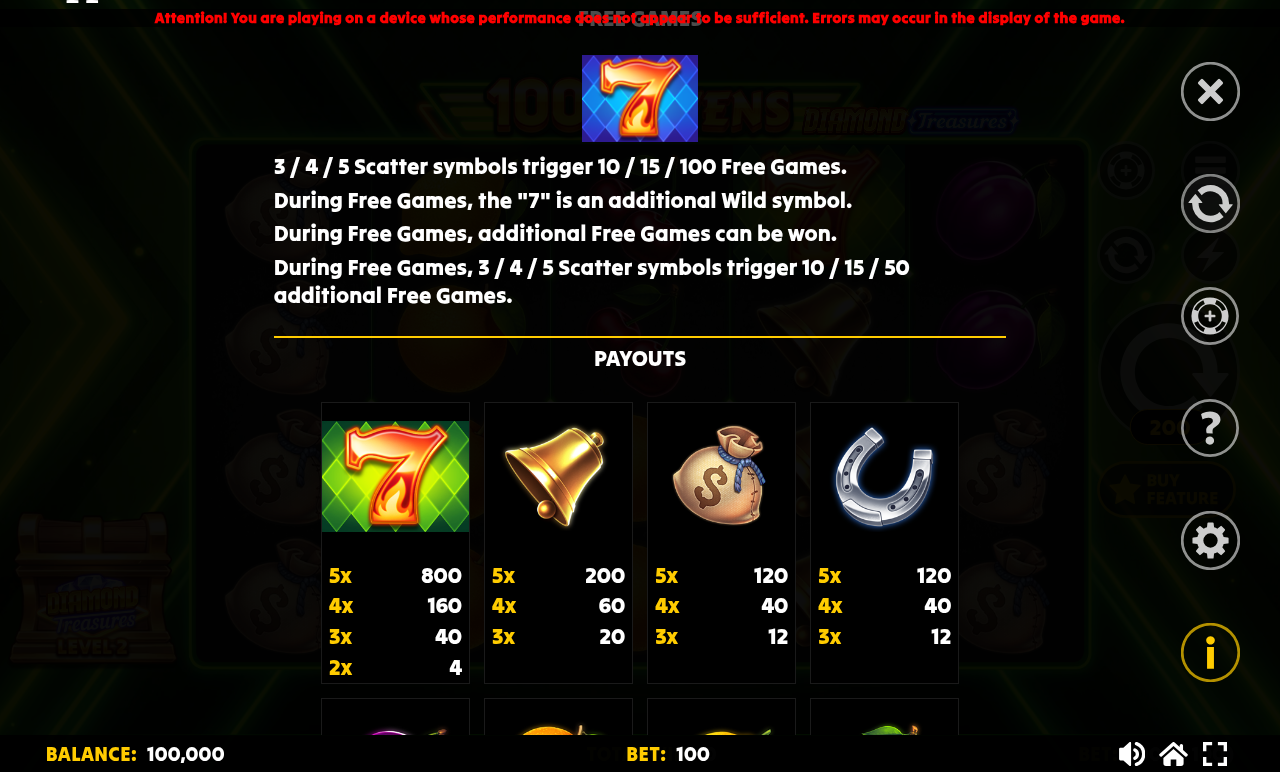 100 Sevens Diamonds information screen