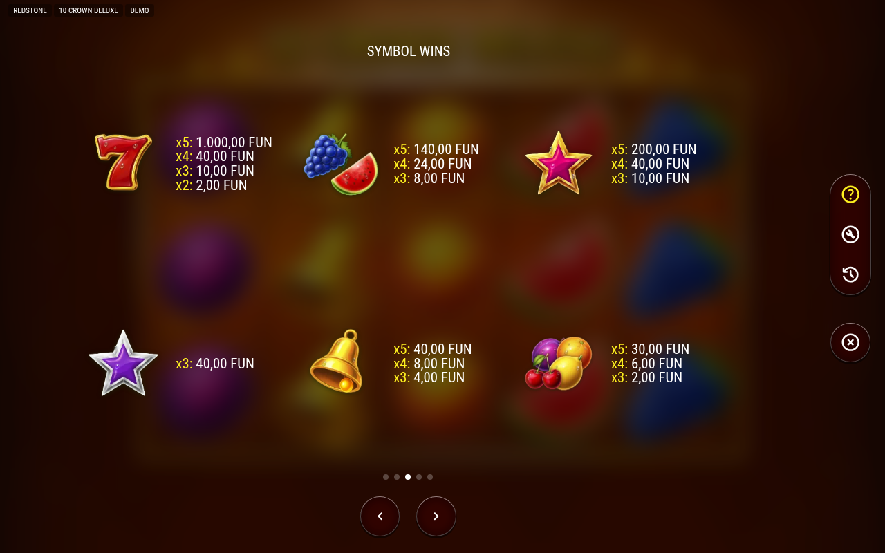 10 Crown Deluxe information screen