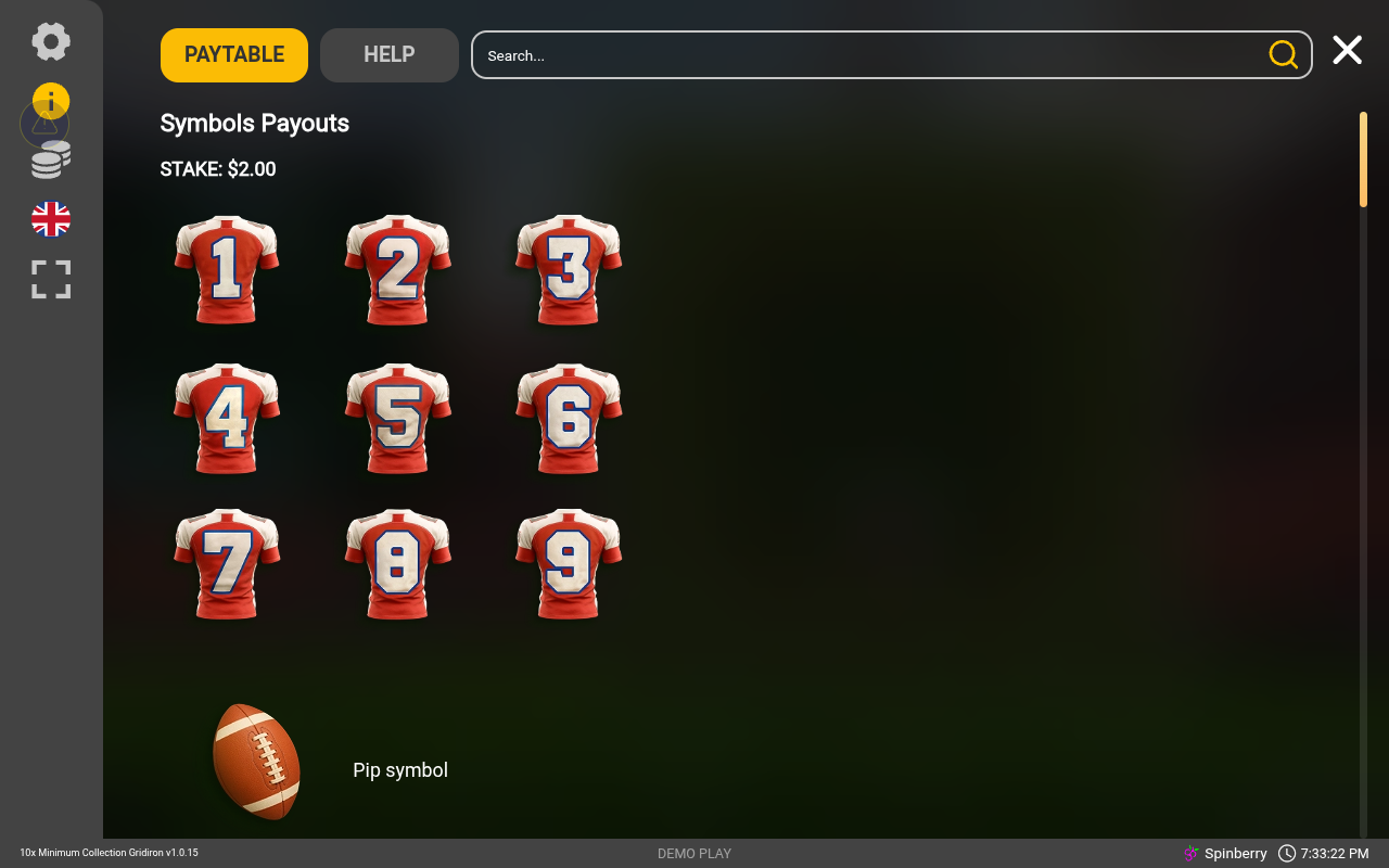 10x Minimum Collection Gridiron information screen showing the pip symbol