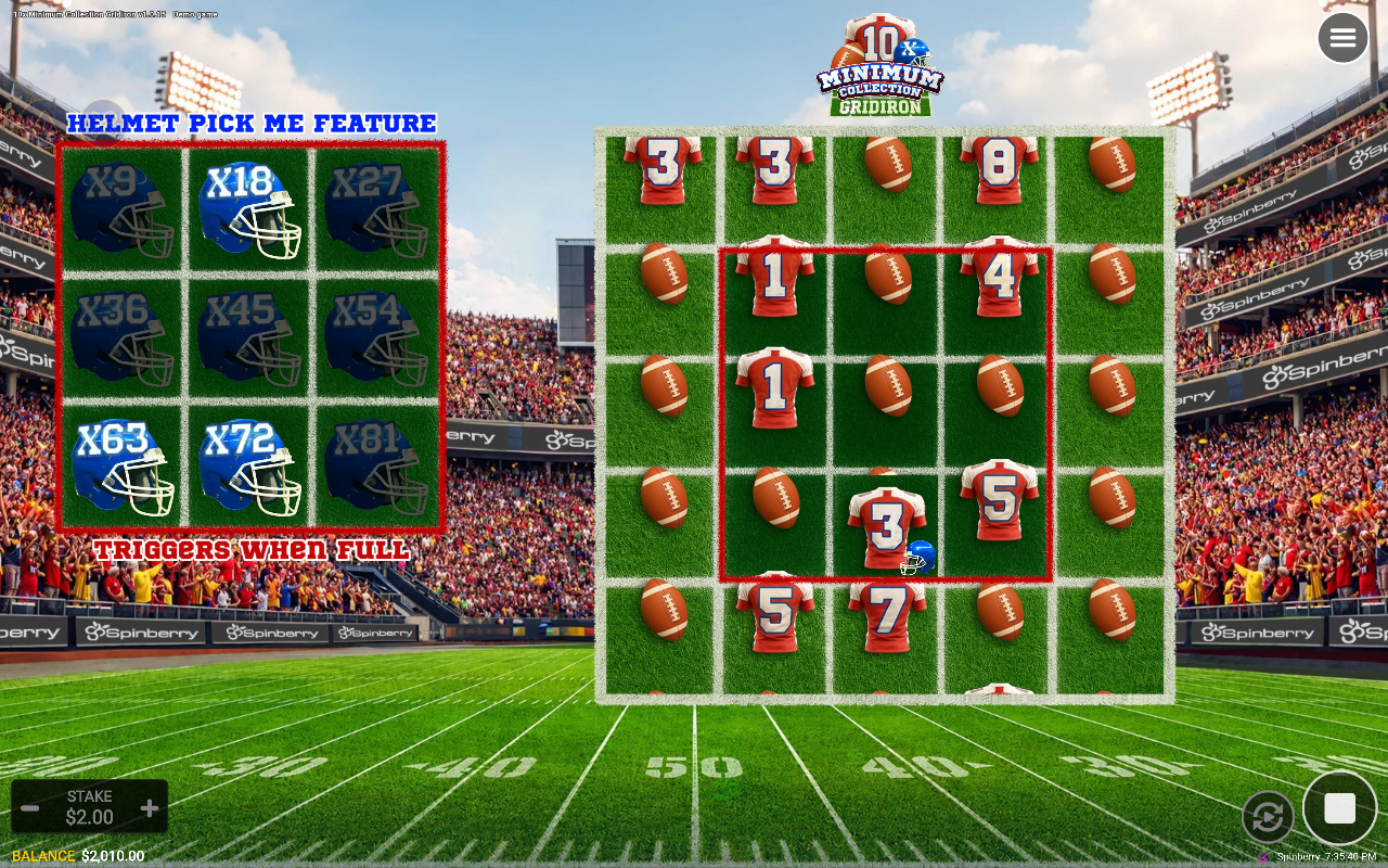 10x Minimum Collection Gridiron gameplay showing the helmet grid filling with scatter symbols