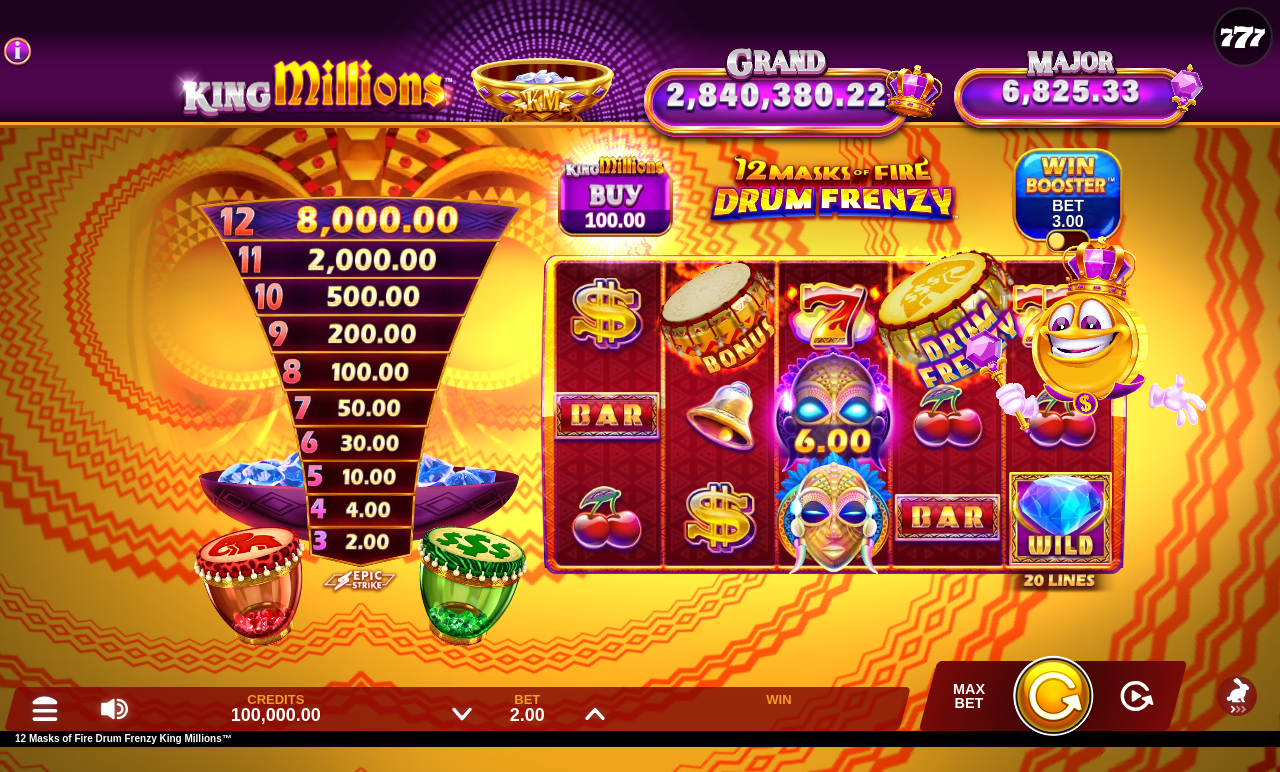 12 Masks of Fire Drum Frenzy King Millions base game