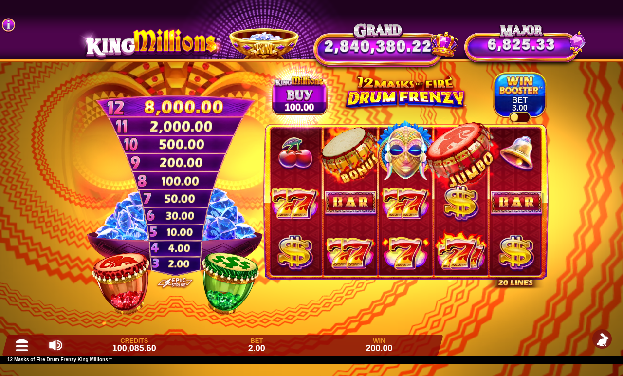 12 Masks of Fire Drum Frenzy King Millions bonus round
