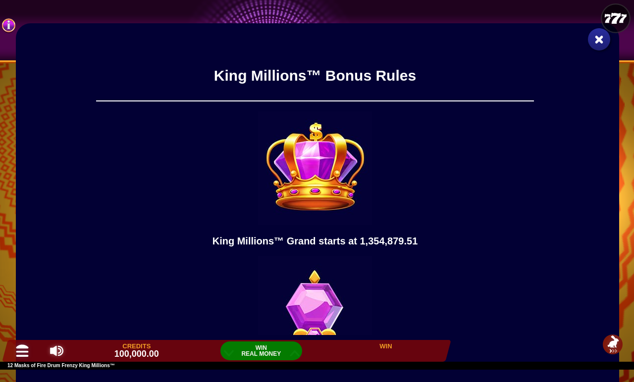 12 Masks of Fire Drum Frenzy King Millions Epic Strike and Tower Bonus rules
