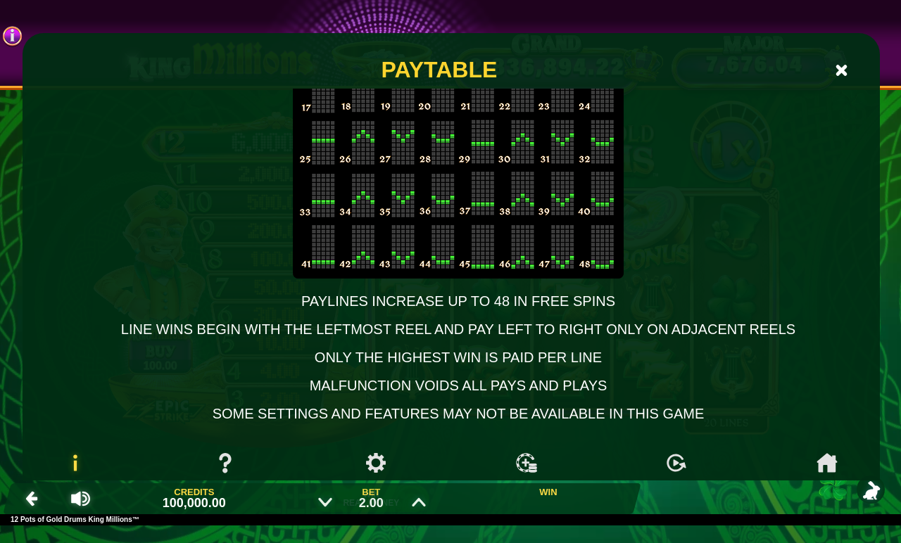 12 Pots of Gold Drums King Millions information screen