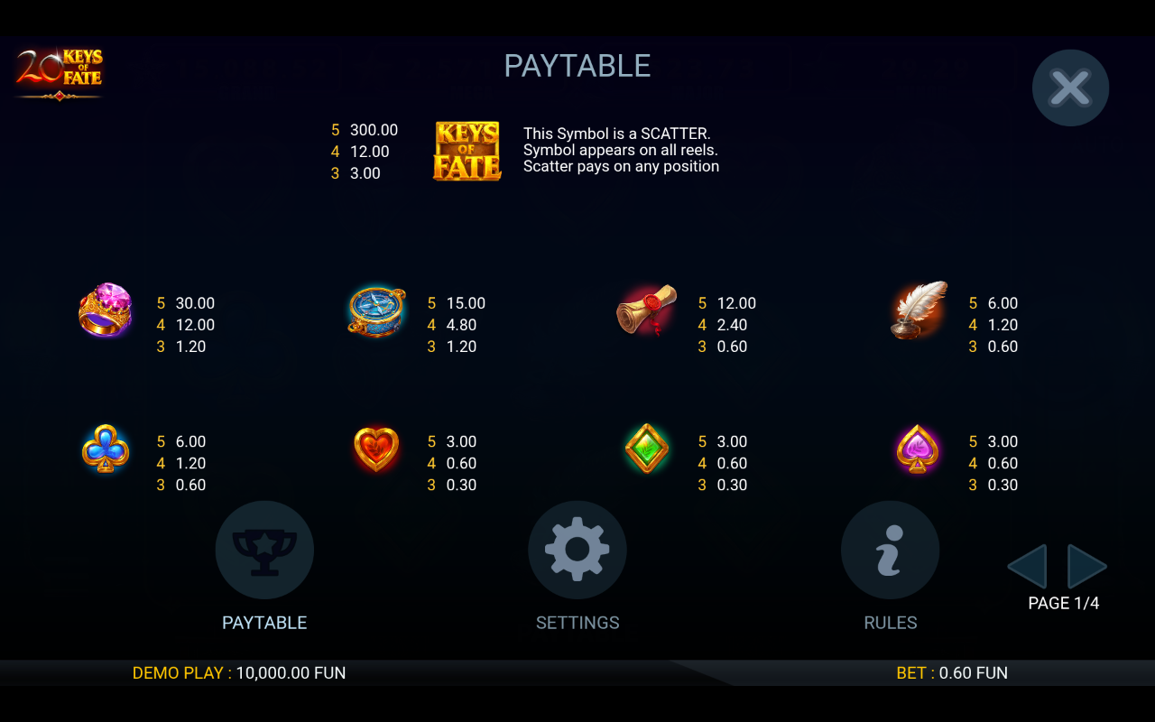 20 Keys of Fate information screen