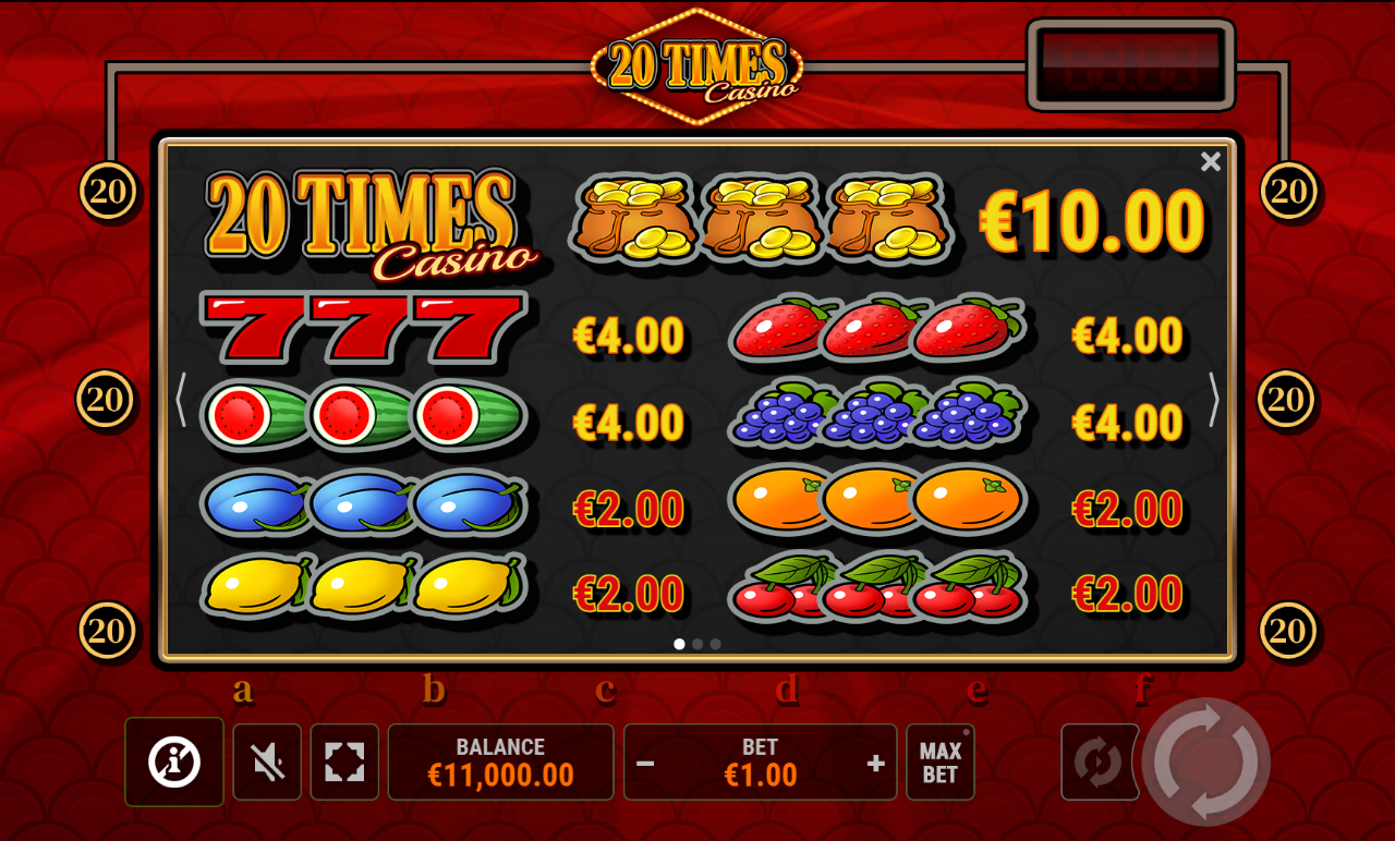 20 Times Casino information screen
