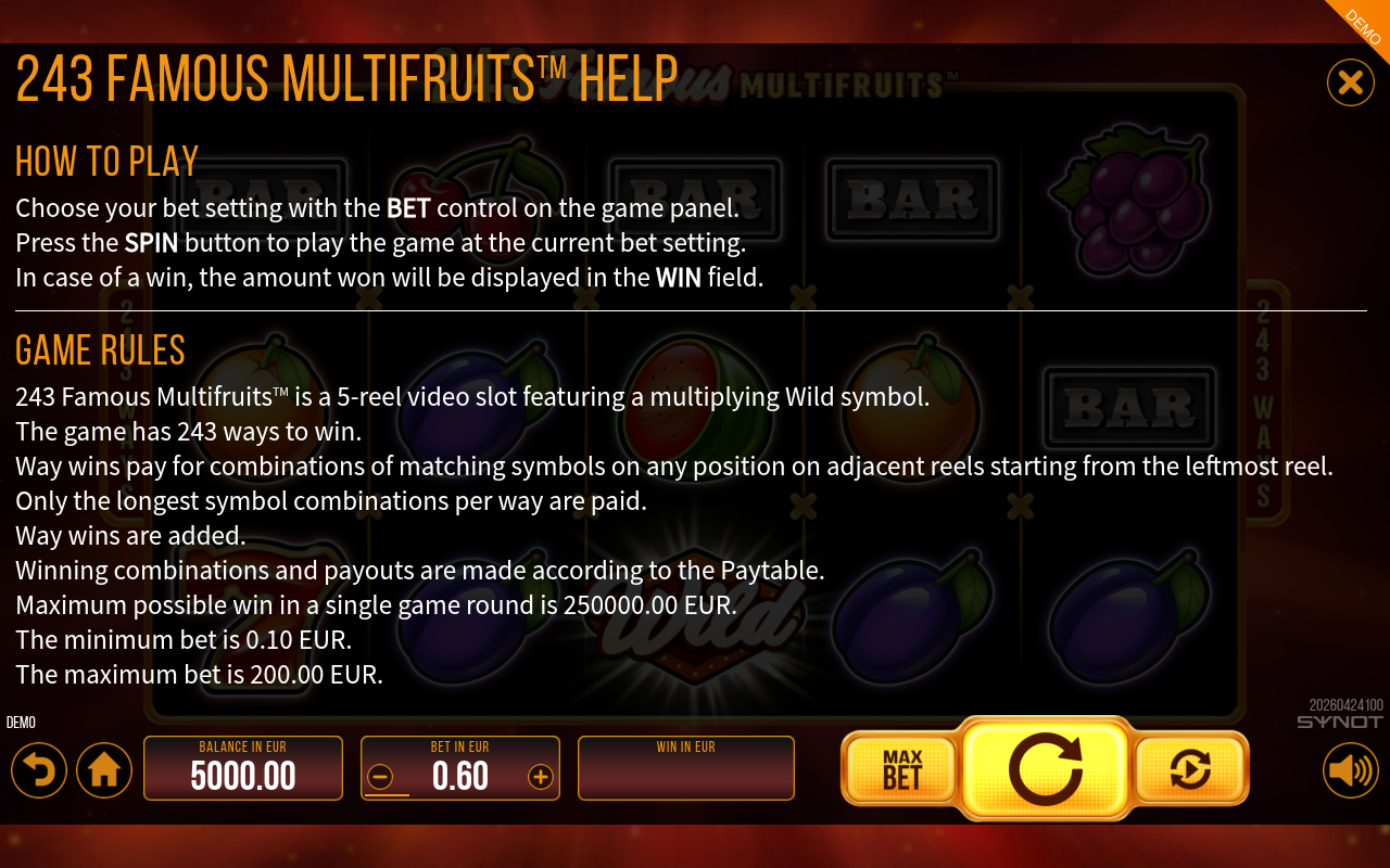 243 Famous Multifruits information screen