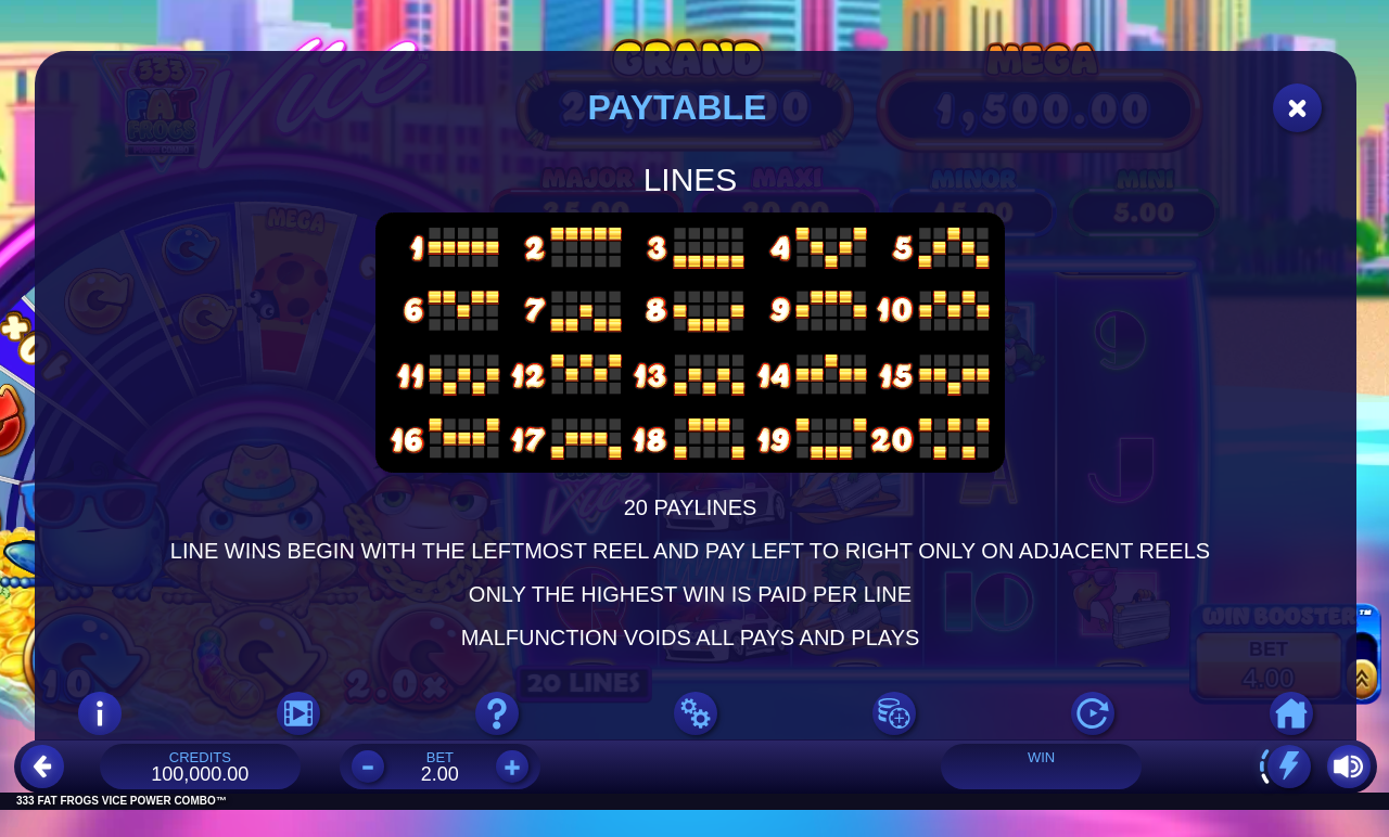 333 Fat Frogs VICE POWER COMBO payline and payout rules screen