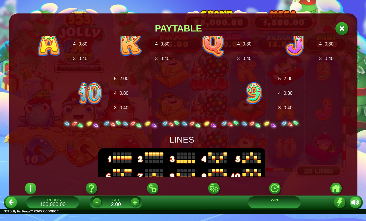 333 Jolly Fat Frogs POWER COMBO information screen