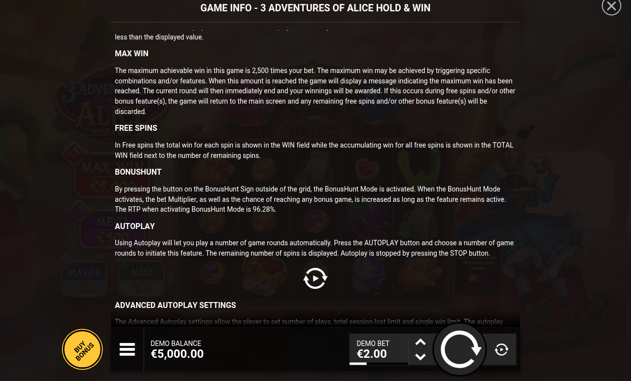 3 Adventures of Alice Hold & Win information screen